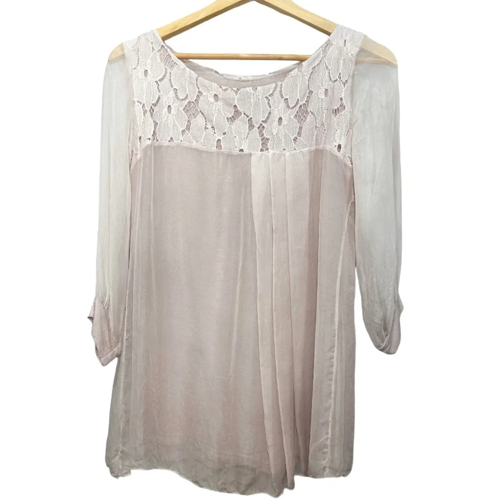 Amanti 100% Silk Blouse Made in Italy Lace Trim Top Size Small - Picture 1 of 15